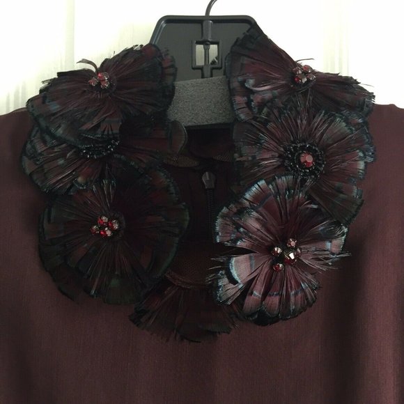 VALENTINO Purple Silk Dress Feather Floral Collar - Picture 6 of 8